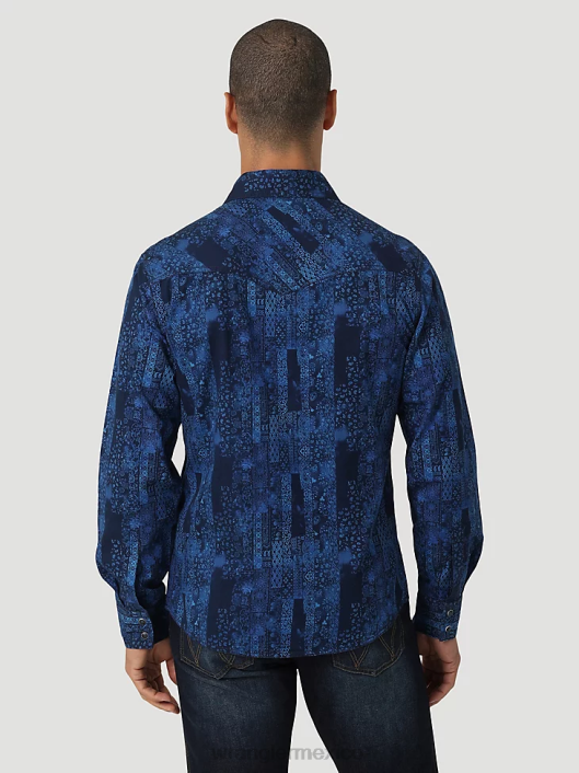 ropa mx Wrangler hombres camisa retro premium de manga larga con estampado de botones pañuelo azul (112327791) 62D6427