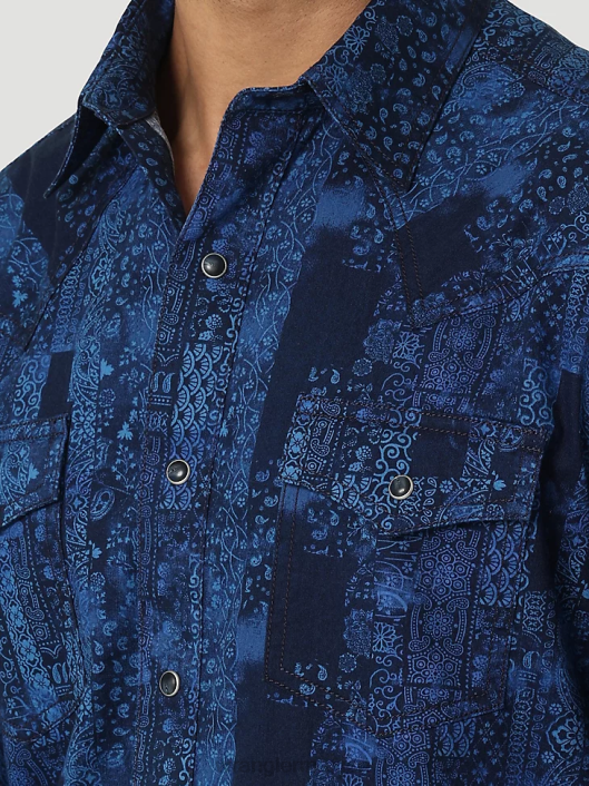ropa mx Wrangler hombres camisa retro premium de manga larga con estampado de botones pañuelo azul (112327791) 62D6427