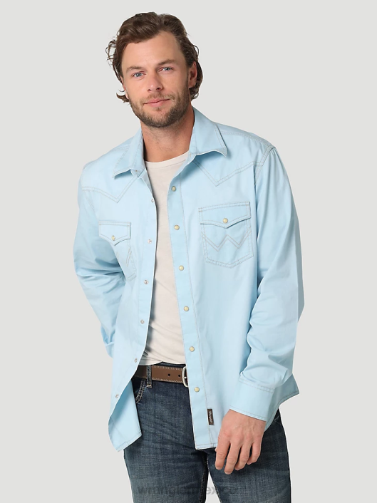 ropa mx Wrangler hombres camisa sólida retro premium con bolsillo con solapa y ribete en contraste occidental azul frío (112324804) 62D6455