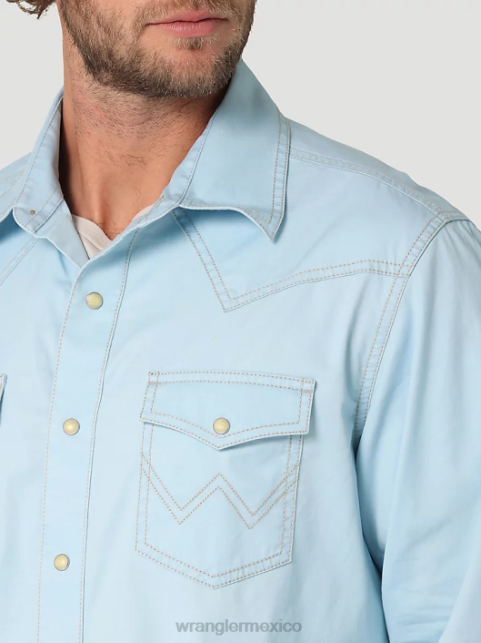 ropa mx Wrangler hombres camisa sólida retro premium con bolsillo con solapa y ribete en contraste occidental azul frío (112324804) 62D6455
