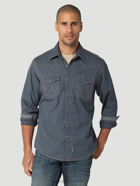 ropa mx Wrangler hombres camisa sólida retro premium con bolsillo con solapa y ribete en contraste occidental degradado azul (112324845) 62D6456