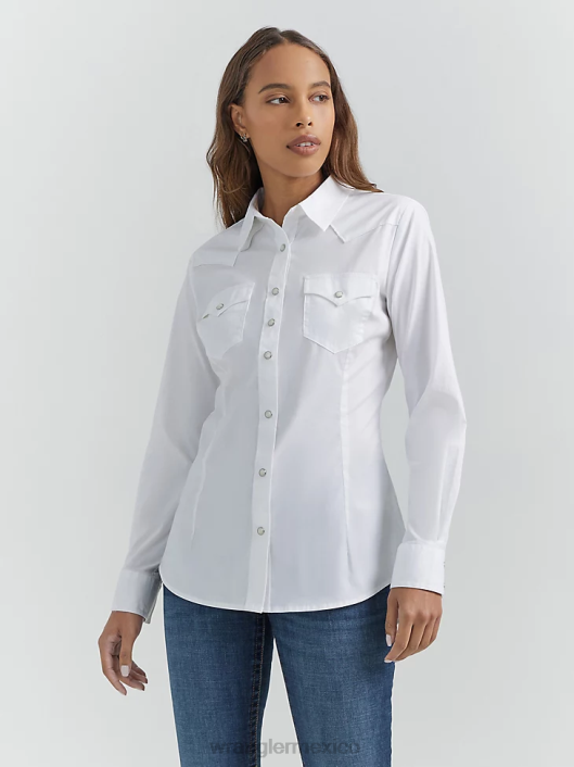 ropa mx Wrangler mujer Top liso de manga larga con canesú delantero y trasero de un punto blanco (lw1001w) 62D6889
