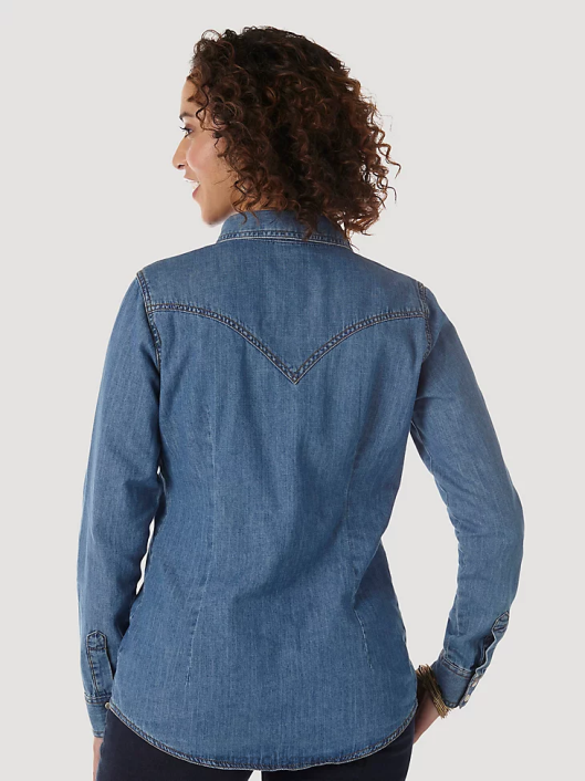 ropa mx Wrangler mujer camisa vaquera de manga larga con broche estilo western mezclilla media (lw7006d) 62D6880