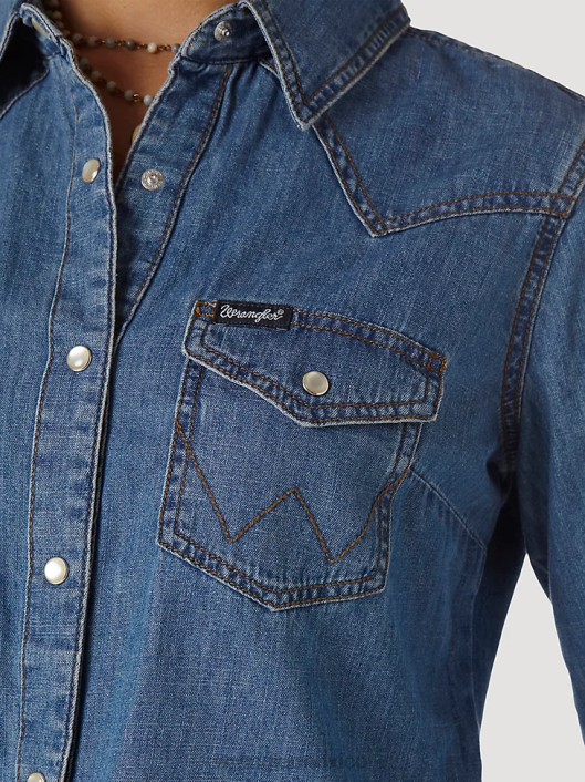 ropa mx Wrangler mujer camisa vaquera de manga larga con broche estilo western mezclilla media (lw7006d) 62D6880