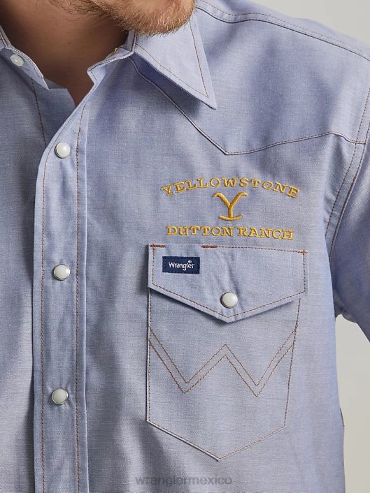 ropa mx Wrangler x Yellowstone hombres camisa de trabajo de cambray de manga corta cambray índigo (112337495) 62D6506