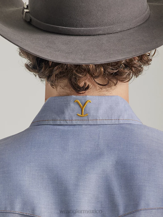 ropa mx Wrangler x Yellowstone hombres camisa de trabajo de cambray de manga corta cambray índigo (112337495) 62D6506