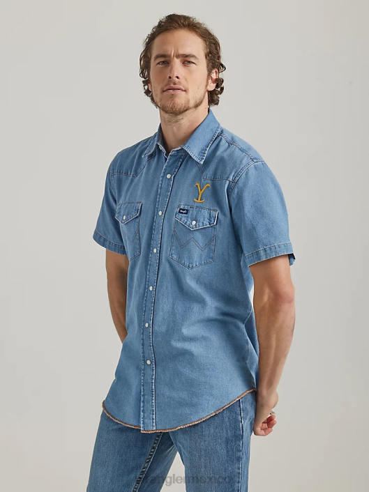ropa mx Wrangler x Yellowstone hombres camisa de trabajo de cambray de manga corta índigo lavado a la piedra (112337485) 62D6505